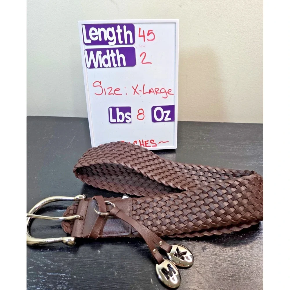NWT Women's Michael Kors Brown Braided Leather‎ Belt Silver Accents Size XL 45